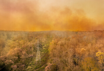 Wildfire is burning near power transmission tower line.