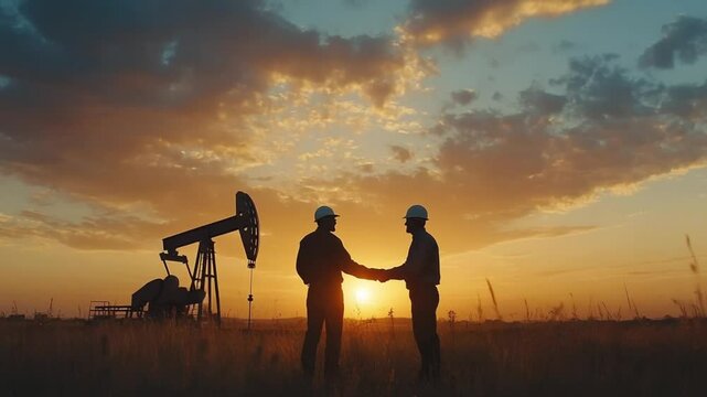 Partnership in the Oil Industry: Engineers Shaking Hands at Sunset with Pump Jack