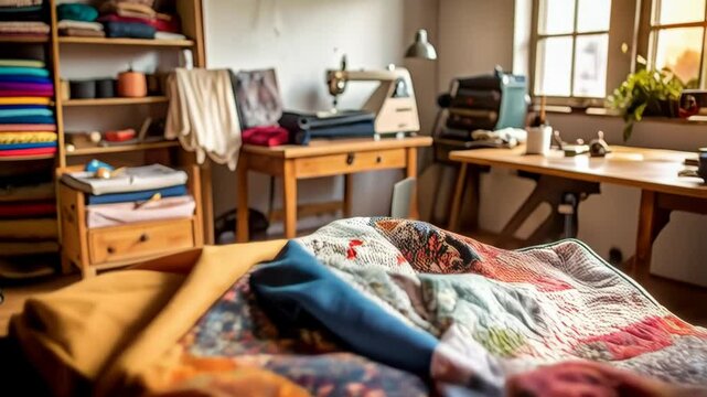 Handcrafted quilt with colorful patchwork design in cozy sewing room with machine and textiles on wooden table