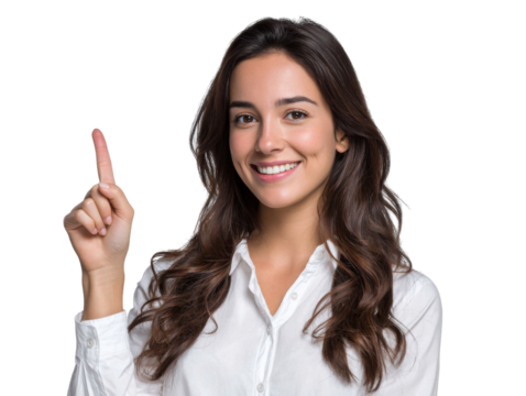Confident Young Woman: Portrait of a radiant woman with a gentle smile, extending a finger upward as if offering an idea, in a clean and simple, modern setting.