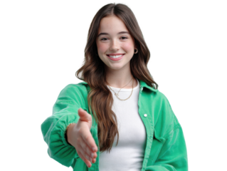 A Friendly Gesture: A radiant young woman with an open, welcoming smile extends her hand in a gesture of warmth, sincerity, and approachability. 