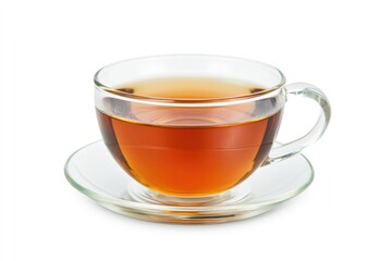 Clear glass cup filled with steaming black tea surrounded by delicate saucer on white background for beverage and relaxation concept