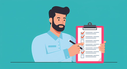 Bearded Man Reviewing Checklist on Clipboard