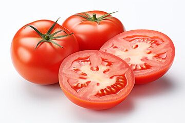 2 tomatoes and 1 sliced ​​tomato isolated on white background.