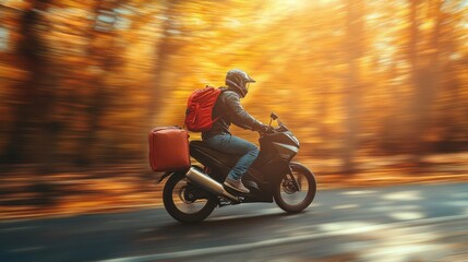 Fototapeta premium Motorcyclist in Autumn Forest Road, Express Delivery Concept