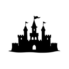 Obraz premium Silhouette of a fairytale castle with towers, flags, and crenellations against a white background view created with generated ai