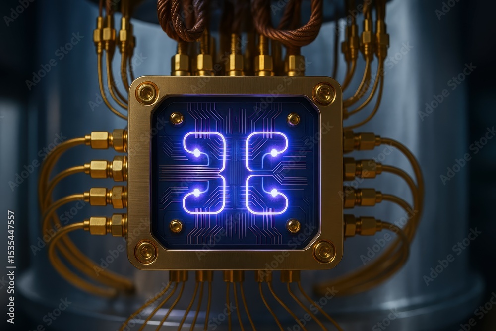 Poster quantum processor with complex circuitry in a high-tech environment featuring bright blue lights