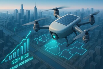 Futuristic Drone Over City Skyline Representing Technology and Market Growth Potential