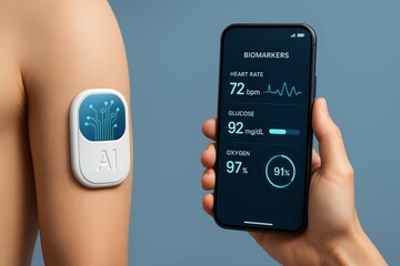 Advanced Health Monitoring Device Attached to Skin with Smartphone Displaying Vital Biomarkers Data