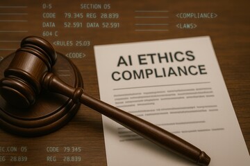 Legal Gavel on Paper Document Titled AI Ethics Compliance in Office Setting with Data Background