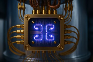 Quantum Processor with Complex Circuitry in a High-Tech Environment Featuring Bright Blue Lights