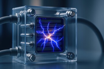 Transparent box with electric sparks creating a dynamic display of energy and innovation