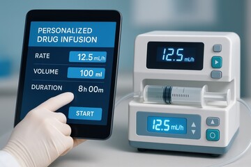 Personalized Drug Infusion System Displaying Rate Volume Duration on Tablet and Infusion Pump