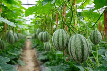 A greenhouse scene striped melons dangle from vines lush with green leaves along a sandy pathway