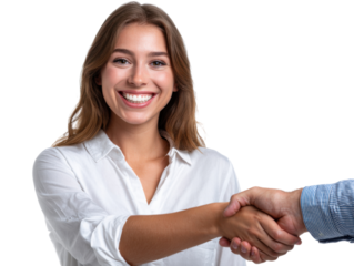 Business Handshake: Smiling woman in business handshake with another person symbolizing partnership and agreements.