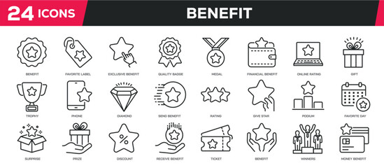 Set of collection line icons related benefit, bonus, reward, intensive. Editable stroke. Perfect pixel on transparent background