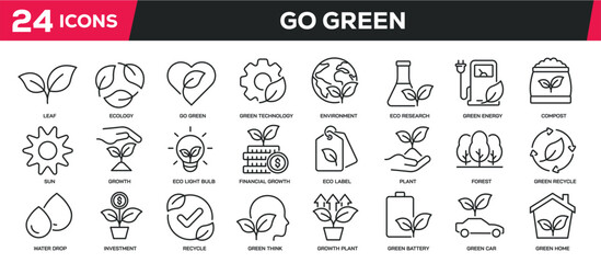 Set of collection line icons related green ecology, environment, green earth. Editable stroke. Perfect pixel on transparent background
