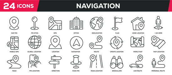 Set of collection line icons related location, navigation, map, GPS. Editable stroke. Perfect pixel on transparent background