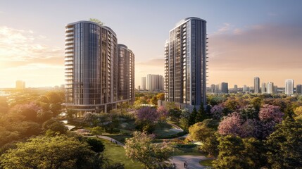 Modern Skyscrapers Surrounded by Lush Greenery and Vibrant Flower Gardens at Sunset in an Urban Setting