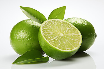 Two whole limes and one slice of lemon decorated with separate leaves on a white background.