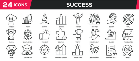 Set of collection line icons related success, achievement, growth, goal. Editable stroke. Perfect pixel on transparent background