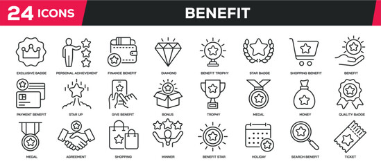 Set of collection line icons related benefit, bonus, reward, intensive. Editable stroke. Perfect pixel on transparent background