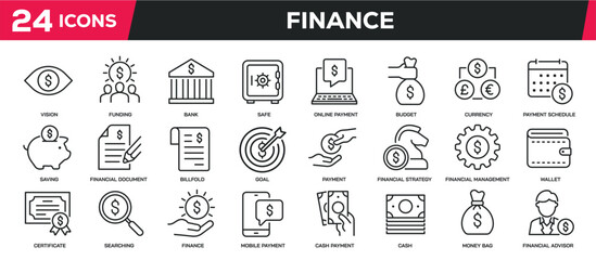 Set of collection line icons related finance, money, bank. Editable stroke. Perfect pixel on transparent background