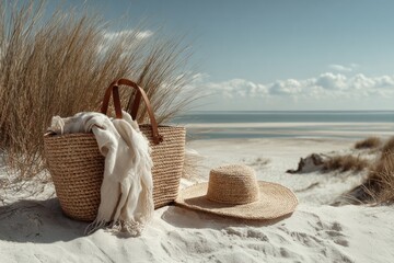 A straw bag and hat rest on soft sand with grass nearby, creating a tranquil beach atmosphere under a bright sky