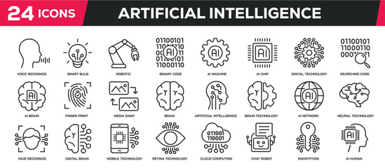 Set of collection line icons related artificial intelligence, technology, robotic, machine learning. Editable stroke. Perfect pixel on transparent background