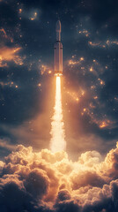 Obraz premium Rocket Launching into Space Above Clouds
