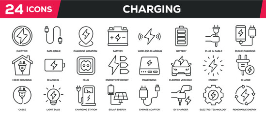 Set of collection line icons related charging, energy, power, electric, battery. Editable stroke. Perfect pixel on transparent background