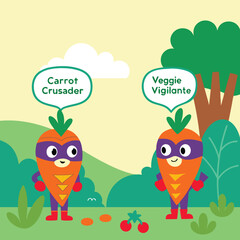 Two superhero carrots in a garden setting