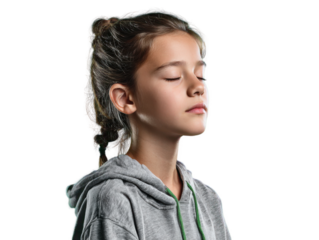 Inner Peace: A young girl, eyes closed, emanates a sense of tranquility, poised in peaceful meditation, exuding a serene aura that reflects inner peace and mindfulness.