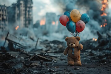 Kids, a teddy bear with balloons. The city is burned after a war. There is destruction and smoke from fire. It is like a world war. But the children are innocent.