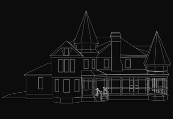 A large black and white house with intricate turrets stands prominently in an outline drawing style. The detailed architectural sketch features a dark background, emphasizing the building's.