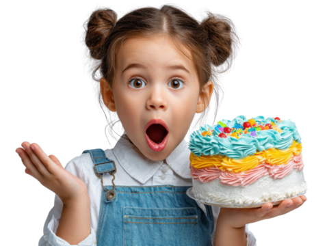 Sweet Surprise: A young girl's eyes widen with astonishment as she gazes upon a vibrantly decorated cake, her face lighting up with pure joy and delight. - Powered by Adobe