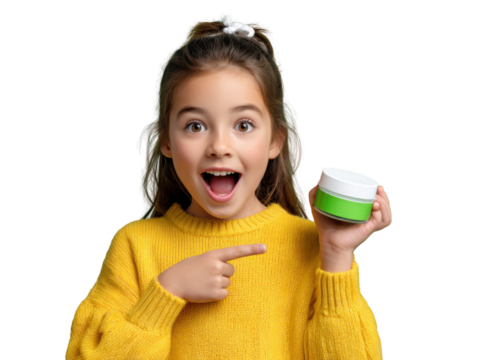Excited Girl Holding Cream Jar: A cute girl with a cheerful expression holds up a jar of cream, pointing towards it with excitement.