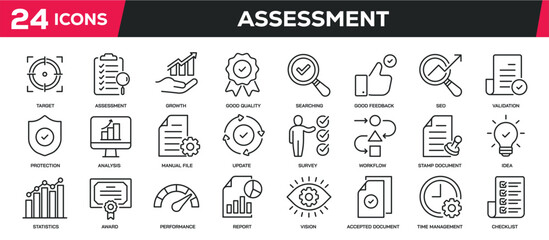 Set of collection line icons related assessment, compliance, analysis, evaluation. Editable stroke. Perfect pixel on transparent background