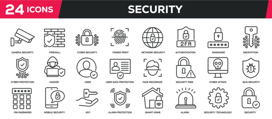 Set of collection line icons related security system, protection, safety, access. Editable stroke. Perfect pixel on transparent background