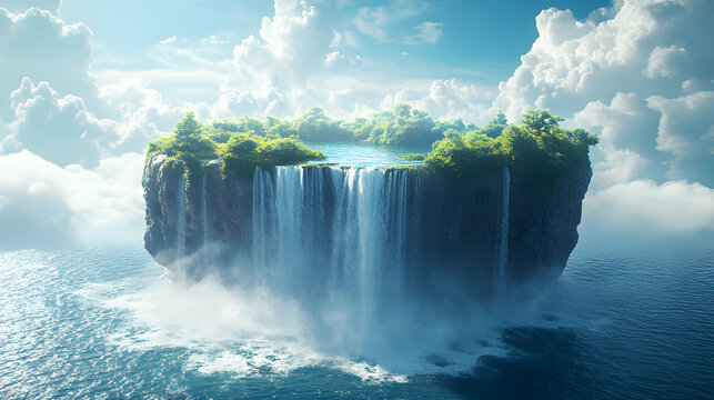 Floating Island with Waterfall in Serene Sky