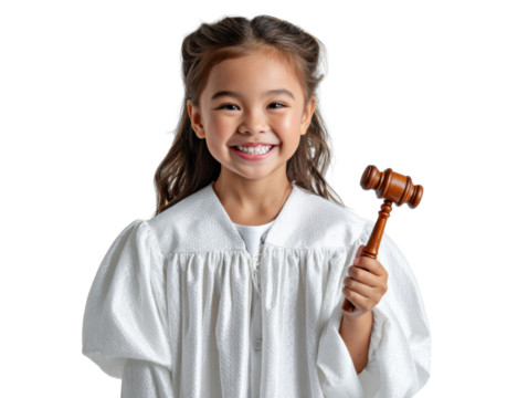 Young Judge: A captivating portrait of a young girl dressed as a judge, beaming with a confident smile and holding a gavel, embodying the ideals of justice and future ambition.