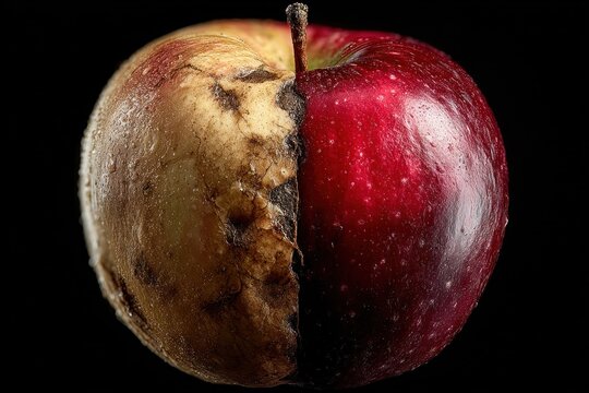 A fresh red apple contrasts with a decayed half, showcasing the duality of freshness and decay in natural life