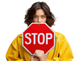 Portrait with Stop Sign: A captivating portrait of a young individual holding a prominent stop sign, symbolizing pause, halt, and prohibition, against a plain backdrop.