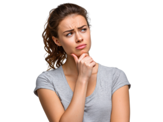 Pensive Thought: A woman with thoughtful expression on the clean face and hand gesture under her chin, pondering decision, strategy and problem, showcasing her deep contemplation.