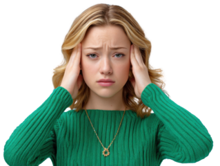 Woman Gripping Temples: An image shows a woman gripping her temples, conveying feelings of stress, tension, and potential headache.