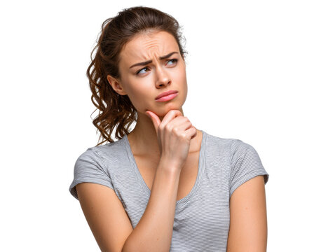 Pensive Thought: A woman with thoughtful expression on the clean face and hand gesture under her chin, pondering decision, strategy and problem, showcasing her deep contemplation.