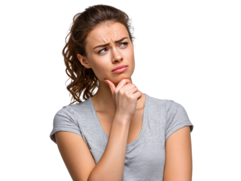 Pensive Thought: A woman with thoughtful expression on the clean face and hand gesture under her chin, pondering decision, strategy and problem, showcasing her deep contemplation.