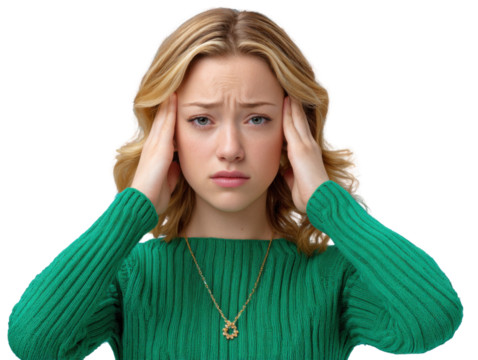 Woman Gripping Temples: An image shows a woman gripping her temples, conveying feelings of stress, tension, and potential headache. - Powered by Adobe