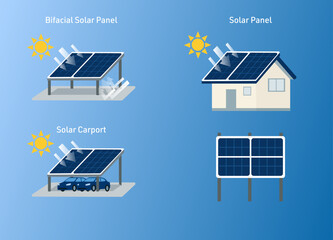 「ソーラーパネルとソーラーカーポートの設置イラスト（住宅・エコエネルギー）