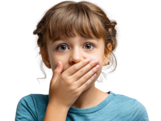 Whispered Secrets: A captivating portrait of a young girl, her hand delicately covering her mouth, her expressive eyes widening with a mix of surprise, intrigue, and confidentiality.